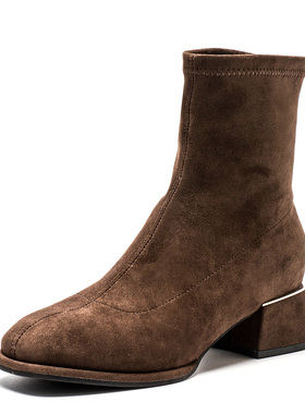 弹力织物布袜靴真皮内里短靴子女冬粗跟圆头复古卡其色SSC4116CS3