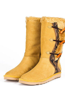 加毛加厚雪地棉靴真皮长靴子女冬黄色磨砂牛皮套筒平跟SFA4SF4919