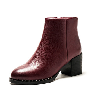 加绒棉靴全真皮短靴子女冬酒红色牛皮圆头粗跟拉链高跟SS74118535