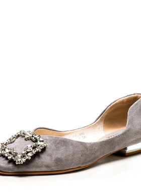 羊猄真皮单鞋女方头平跟灰色羊皮鞋子金属方扣水钻浅口MD33111D11