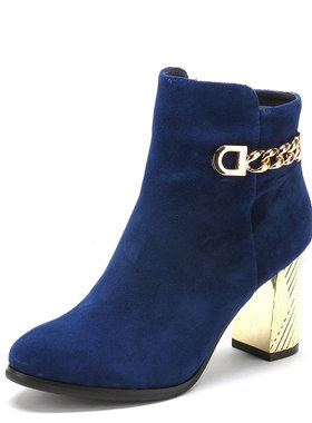 羊猄真皮短靴子女冬蓝色羊皮圆头粗跟舒适高跟拉链金属SS44112368