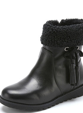 羊毛加厚雪地棉靴真皮短靴子女冬黑色牛皮圆头坡跟拉链SFA4SC5073