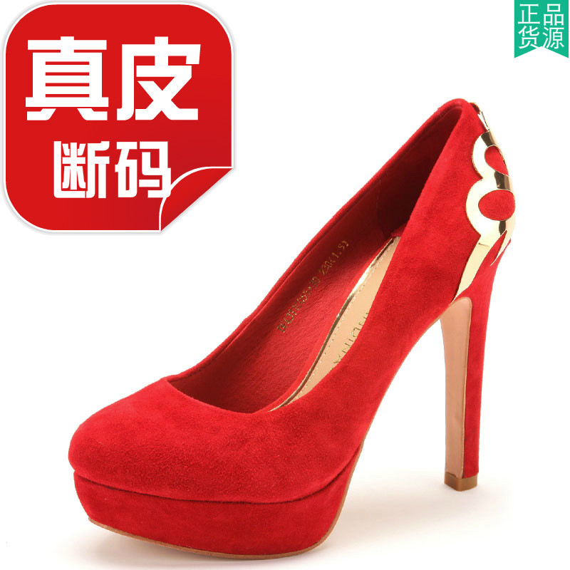 真皮鞋子女结婚大红色绒面羊皮