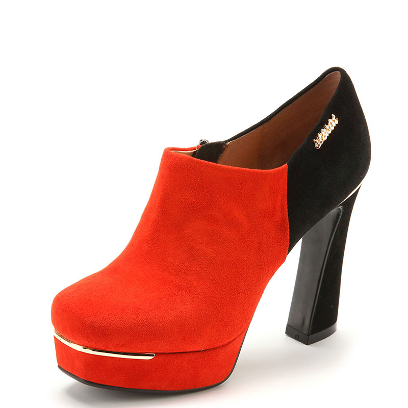 cos鞋-真羊皮及踝短靴子女方头高粗跟水台拉链拼色深口SS33S2C978