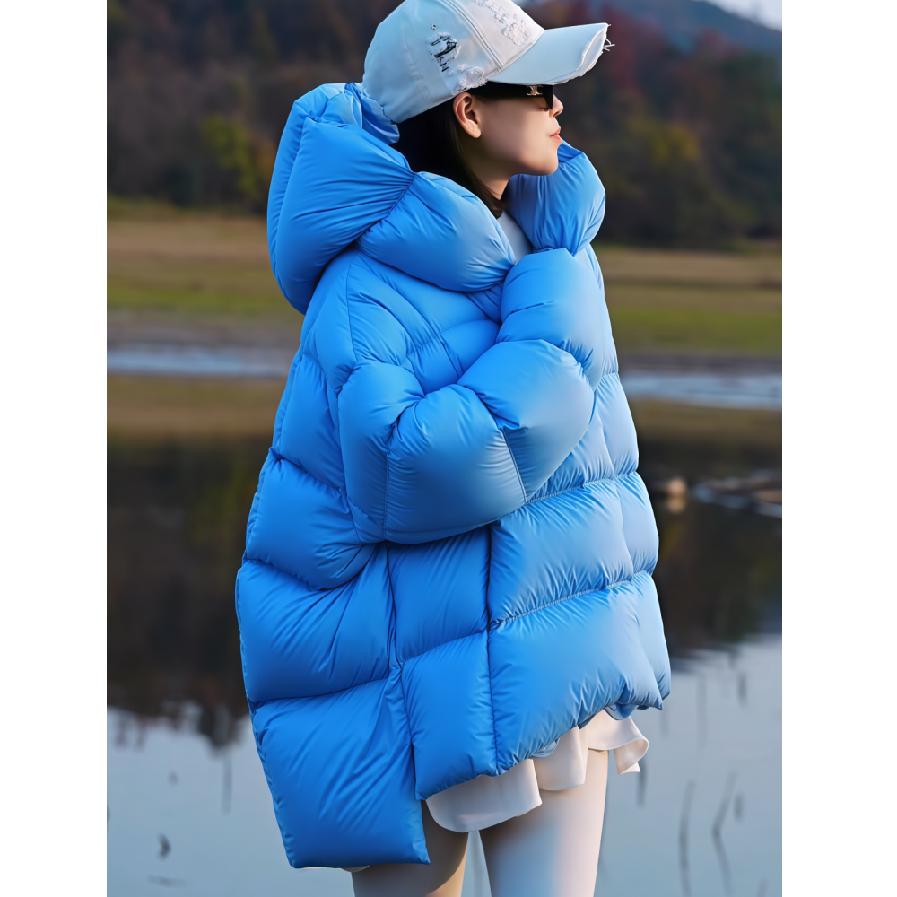 中长款天蓝色连帽立领羽绒外套女