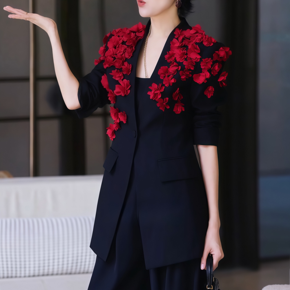 黑色立体花西装外套直筒裤套装女