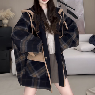 简约通勤感连帽藏青色格纹长袖 韩系时尚 毛呢外套女 新款 2025年秋季