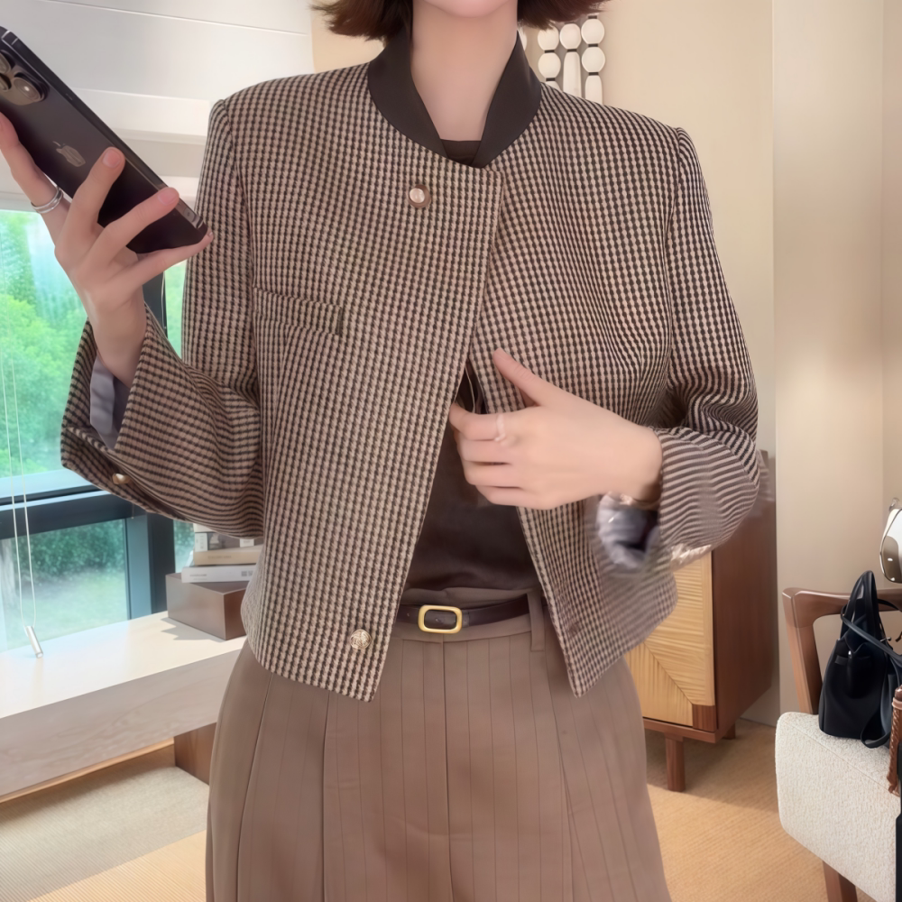 千鸟格短款小香风高级感外套