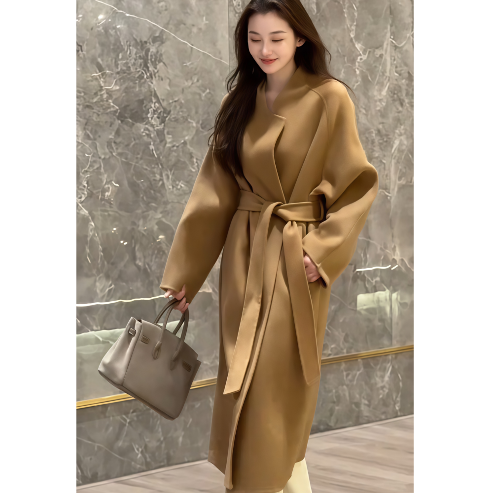 长款纯色圆领系带毛呢大衣外套女