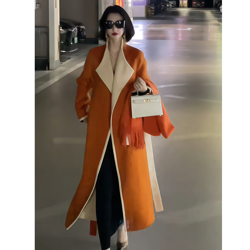 纯色直筒翻领款毛呢外套女