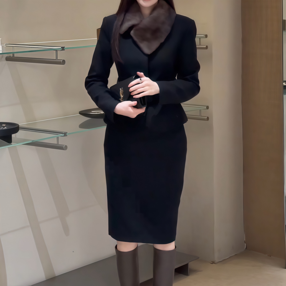 黑色收腰毛呢款外套半身裙套装女