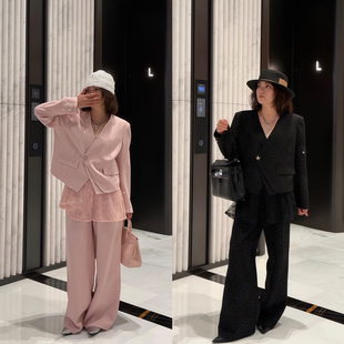 时尚 百搭阔腿裤 新款 套装 高级感休闲通勤女 小众烫钻西装 2026年春季
