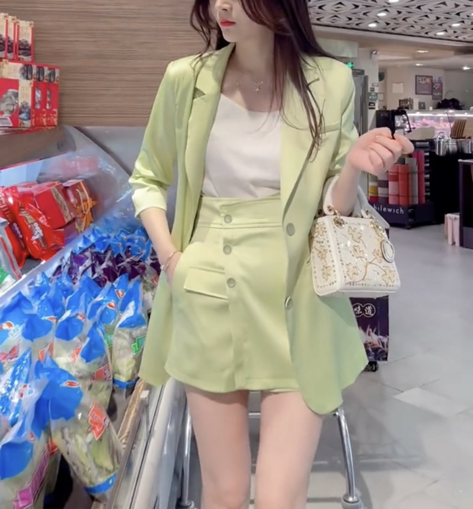 韩版气质2025秋新款西装领中长款西服外套+洋气裙裤两件套套装女