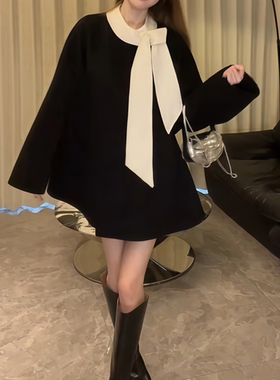 直筒中长款纯色蝴蝶结领毛呢大衣