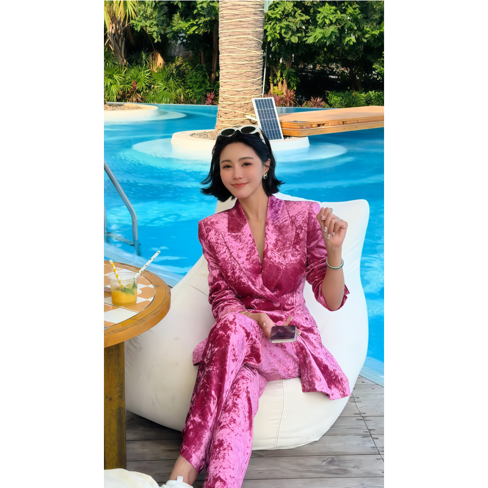 2026年春季新款韩系洋气简约收腰中长紫红色金丝绒西装长裤套装女,女装/女士精品,时尚套装,淘宝优惠券,粉丝福利购,淘宝优惠卷