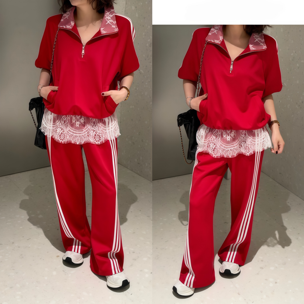 2026年时尚新款春季红色高级感宽松休闲蕾丝拼接卫衣长裤套装女款