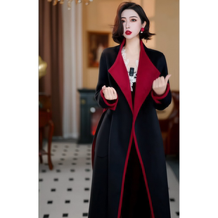 2025冬季新款盐系甜酷高级感轻职风中长款撞色拼接翻领毛呢外套女