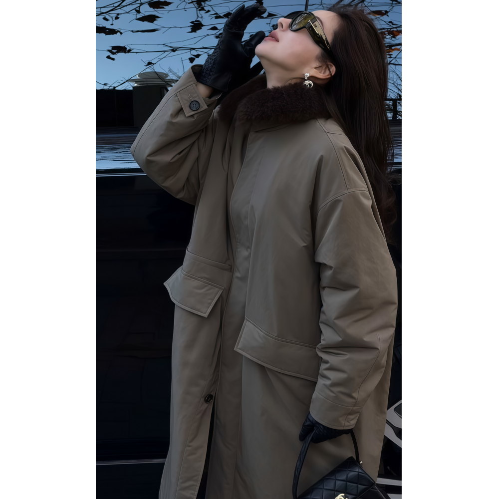 长款浅灰色毛绒夹棉款风衣外套女