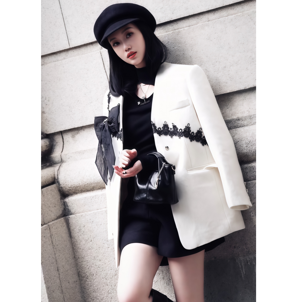 蝴蝶结白色花边拼接毛呢外套女