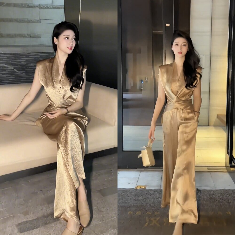 秋装搭配一整套时尚气质盐系轻熟风高级感无袖上衣显瘦裤子两件套