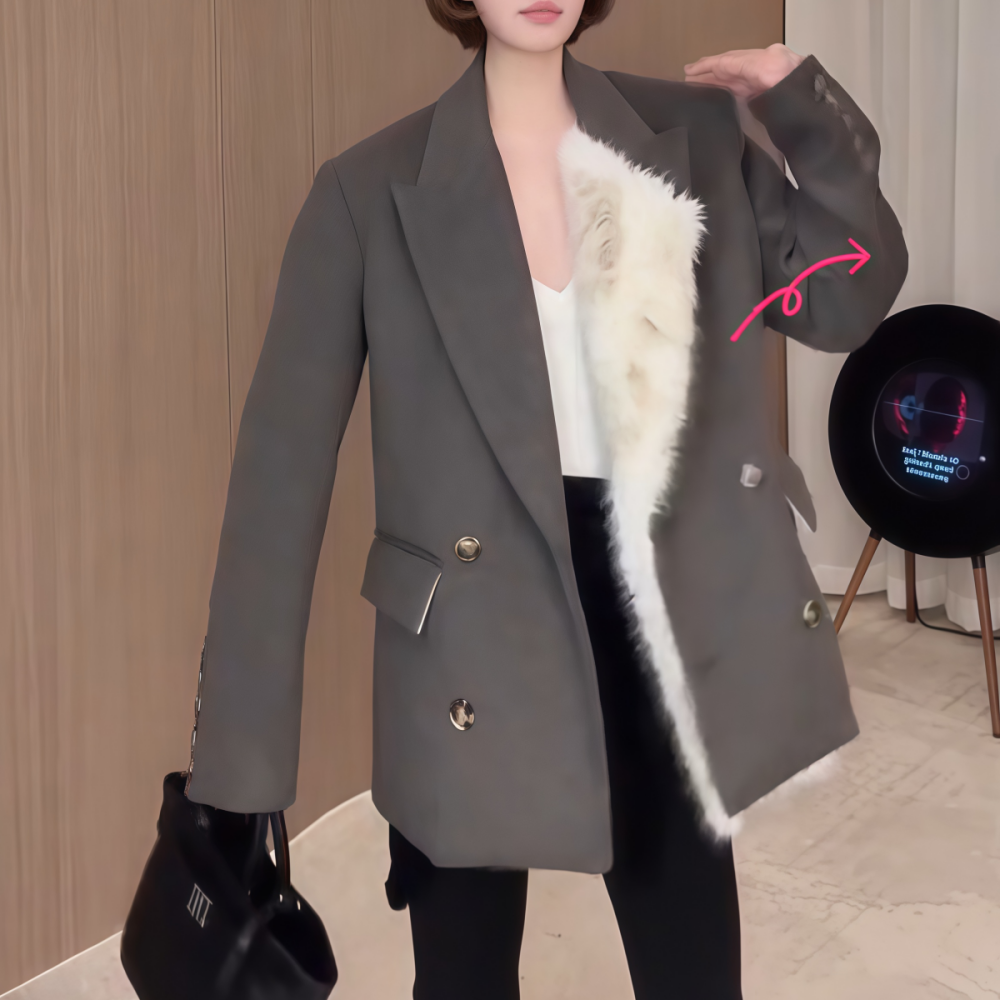 显瘦中长款灰色毛呢西装外套女装