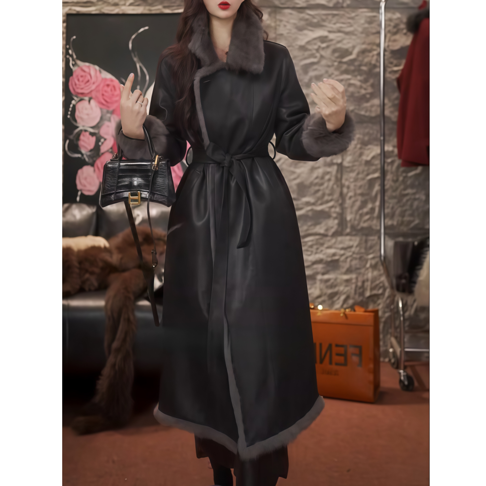 长款纯色翻领系带毛绒一体棉衣女