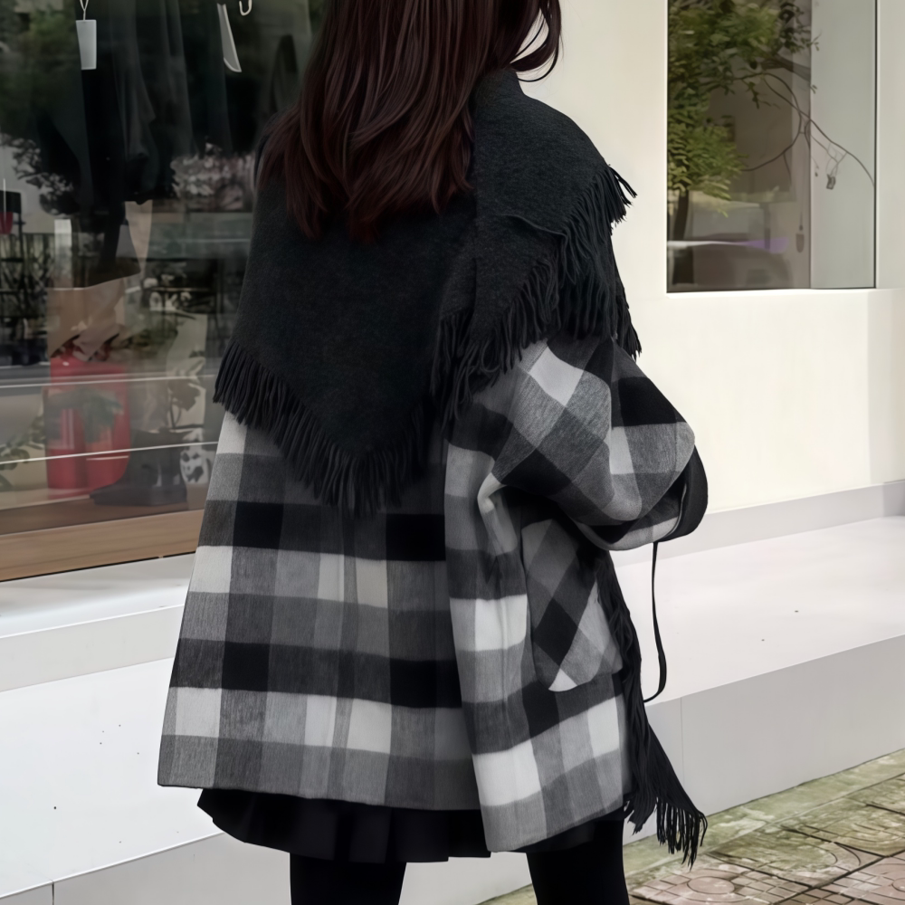 直筒中长纯色大格纹大衣外套女款