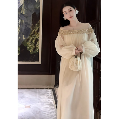 纯色一字肩亮片网纱灯笼袖长裙女