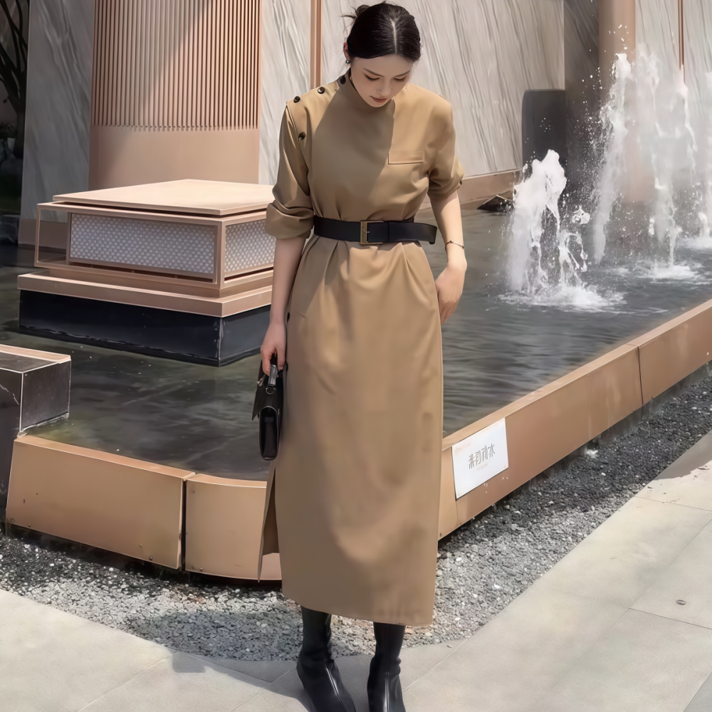 显瘦中长款卡其色立领风衣外套女