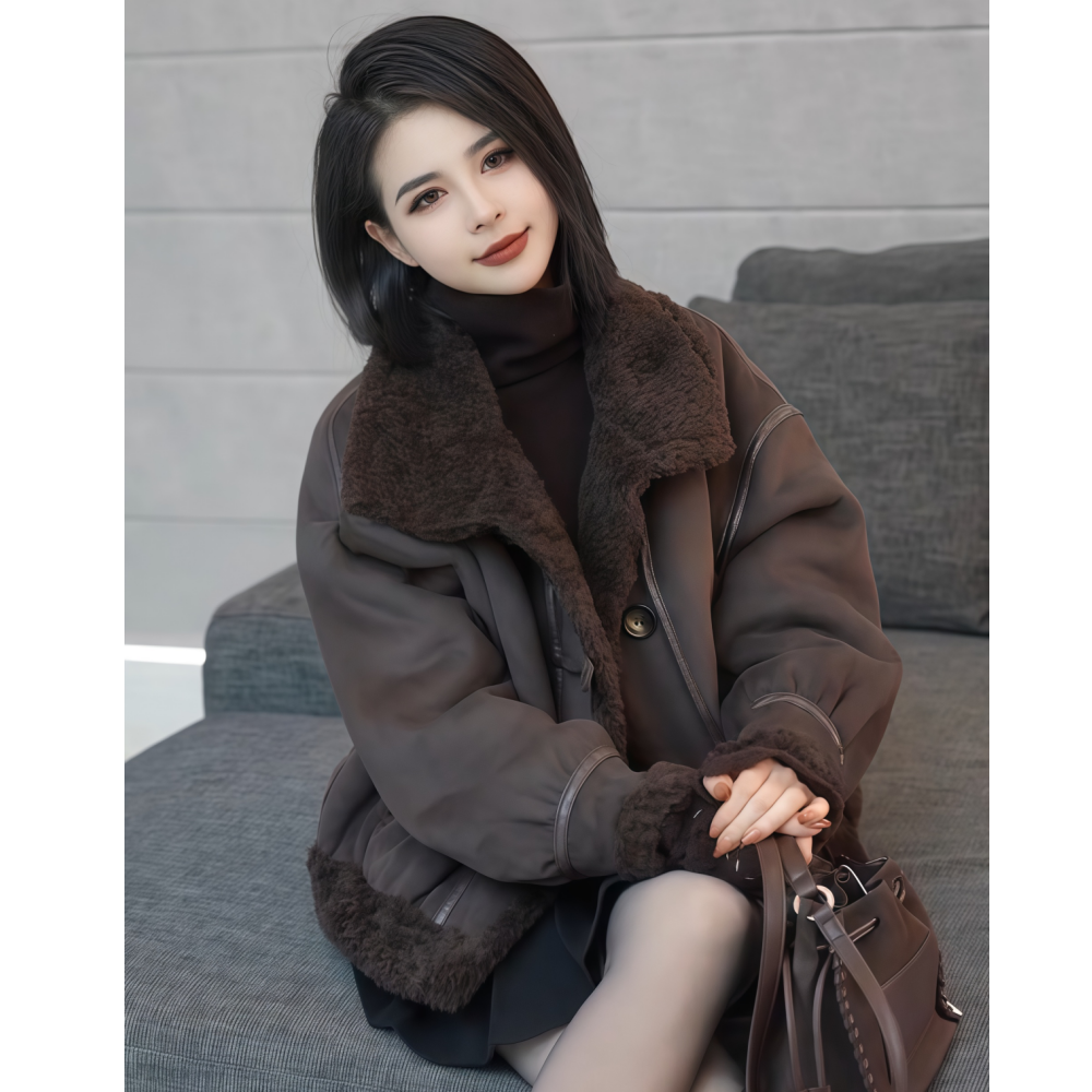咖啡色夹克款毛绒皮毛一体外套女