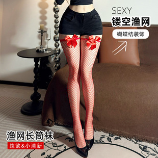 薄免脱丝袜 渔网袜大网过膝袜镂空提花女甜美可爱蝴蝶结长筒袜夏季