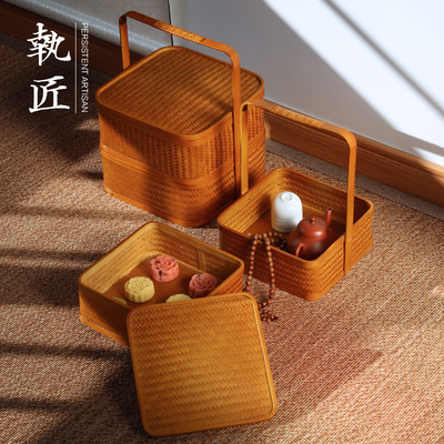 手工竹编多层提盒带盖茶点漆器
