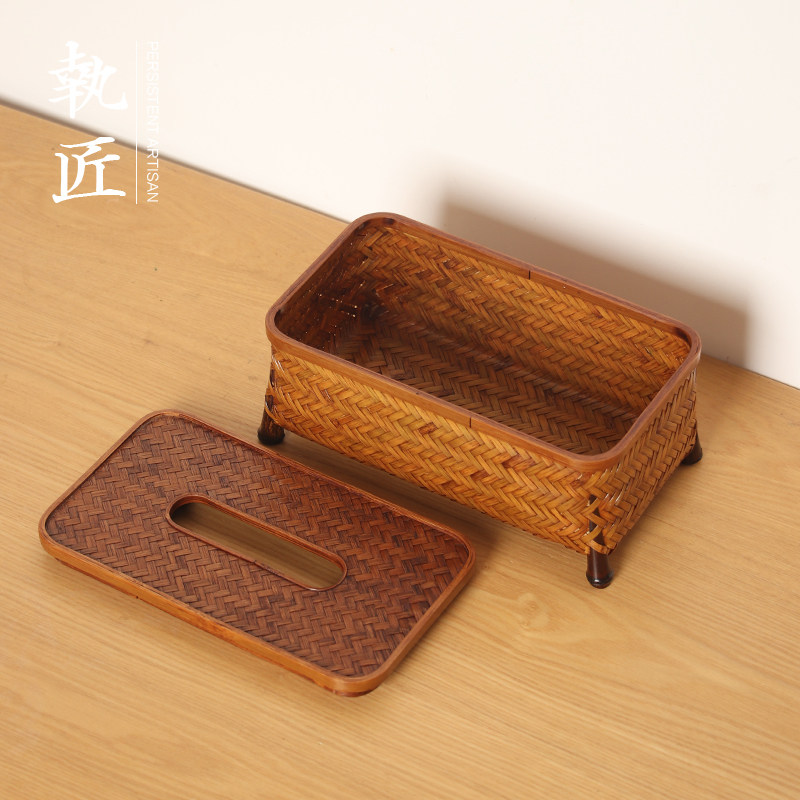 大漆纯手工竹编纸巾盒抽纸盒长方形餐巾纸盒客厅餐厅书房茶室中式