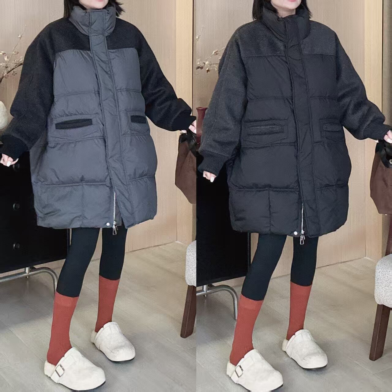 Dayuan 欧货拼接毛呢宽松羽绒服
