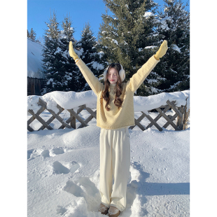 宽松百搭直筒长裤 女秋冬新款 奶油白加绒加厚休闲卫裤 cozydays