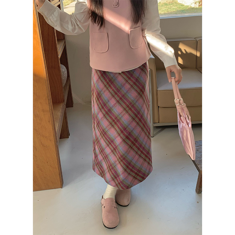 cozydays 甜美粉紫格纹撞色毛呢半身裙秋冬新款百搭减龄a字短裙子