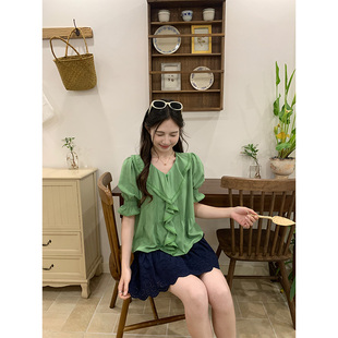 宽松韩系气质甜美小衫 Cozydays绿色花边泡泡袖 新款 衬衫 女夏季