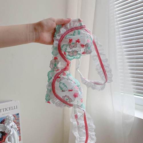 法式新款甜美性感蕾丝花边少女内衣花朵刺绣小胸纯欲上托文胸套装