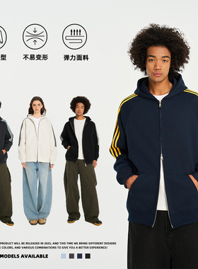 ANS美式重磅潮牌三条杠条纹连帽卫衣男女春秋季百搭休闲情侣外套