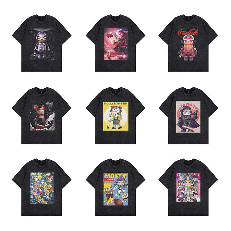 INS街头潮玩卡通短袖男款复古洗水做旧T恤情侣潮牌印花男女同款