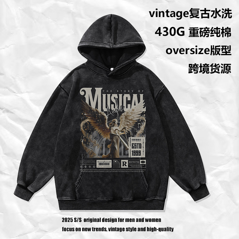 TKPA跨境批发直喷印花连帽衫欧美高街复古430g纯棉宽松水洗卫衣男