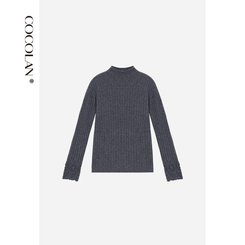 COCOLAN【陶织】100羊毛卷边领花边袖针织毛衣打底CL8MY6237