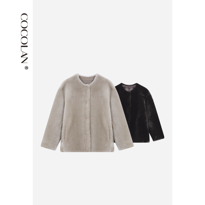 COCOLAN【雪夜】绵羊毛皮革圆领皮毛一体外套皮草外套女CL8WT8832
