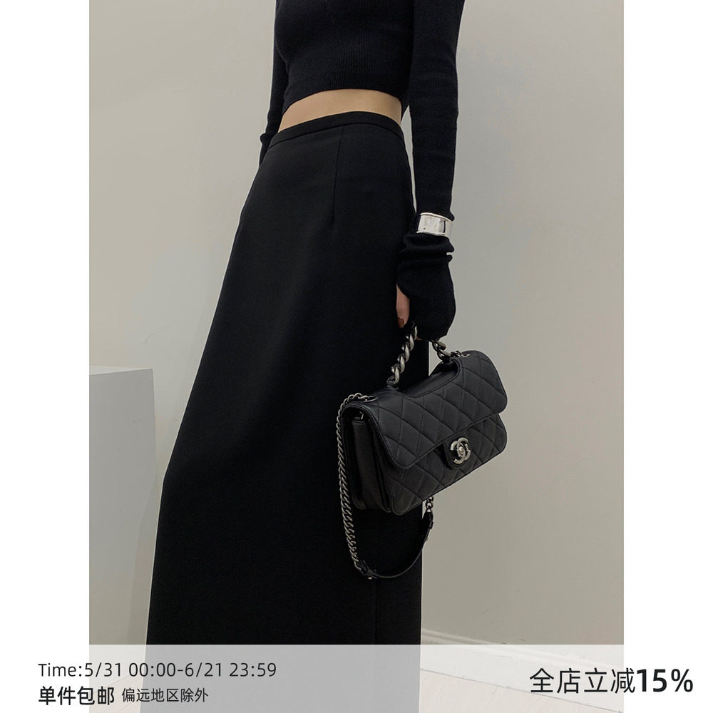 MUCCHIC/可搭配四季/经典高腰显瘦超长款黑色后开叉半身裙西装裙