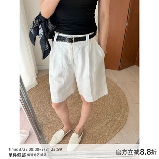 老钱风亚麻五分裤 配腰带 高腰百搭休闲中裤 子 白色裤 MUCCHIC