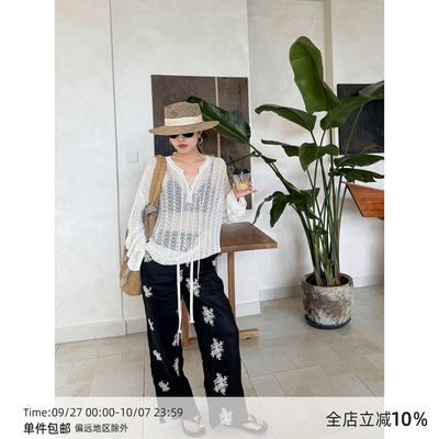 【5/16 20:00】MUCCHIC/重工立体绣花亚麻抽绳直筒休闲裤