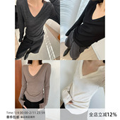 MUCCHIC V领毛边羊毛长袖 T恤百搭打底衫