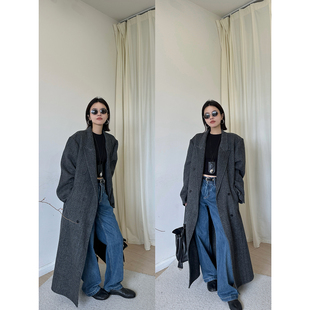 人字纹宽肩羊毛双面尼长款 MUCCHIC 大衣宽松廓形双排扣毛呢外套