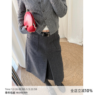 MUCCHIC 配真皮皮带 老钱羊毛贴袋百褶半裙直筒裙秋冬显瘦穿搭