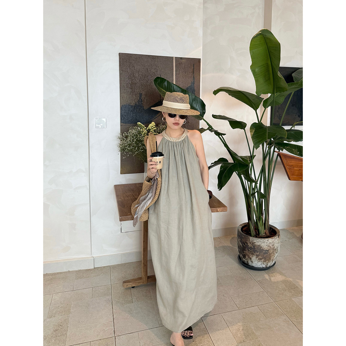 【5/16 20:00】MUCCHIC/法式亚麻编织挂脖连衣裙 配腰带,女装/女士精品,连衣裙,淘宝优惠券,粉丝福利购,淘宝优惠卷